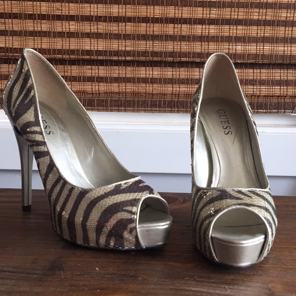 Guess Zebra Print & Gold Sequin Heels